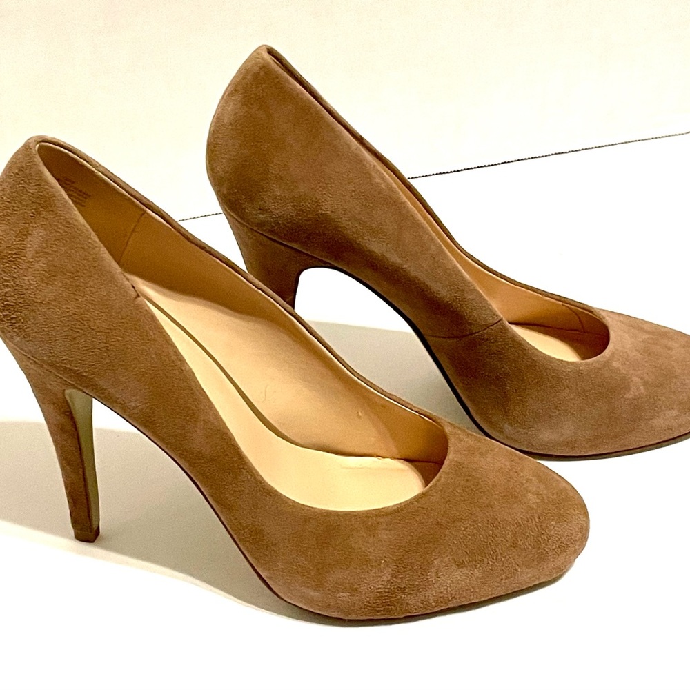 Nine West Shoes Say My Name Leather Caramel Beige Suede Pumps high heels sz10